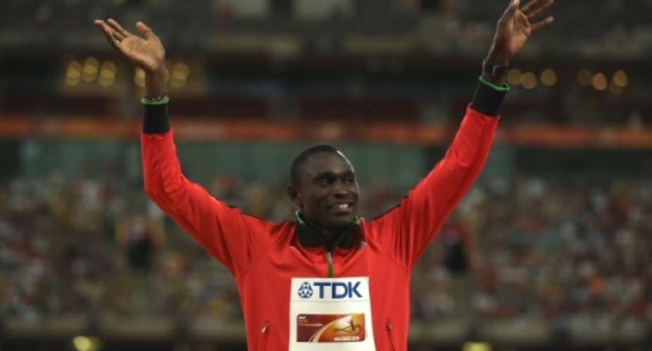 Kenya's David Rudisha celebrates victory in the 800m at the 2015 IAAF World Championships in Beijing.  By Greg Baker AFPFile