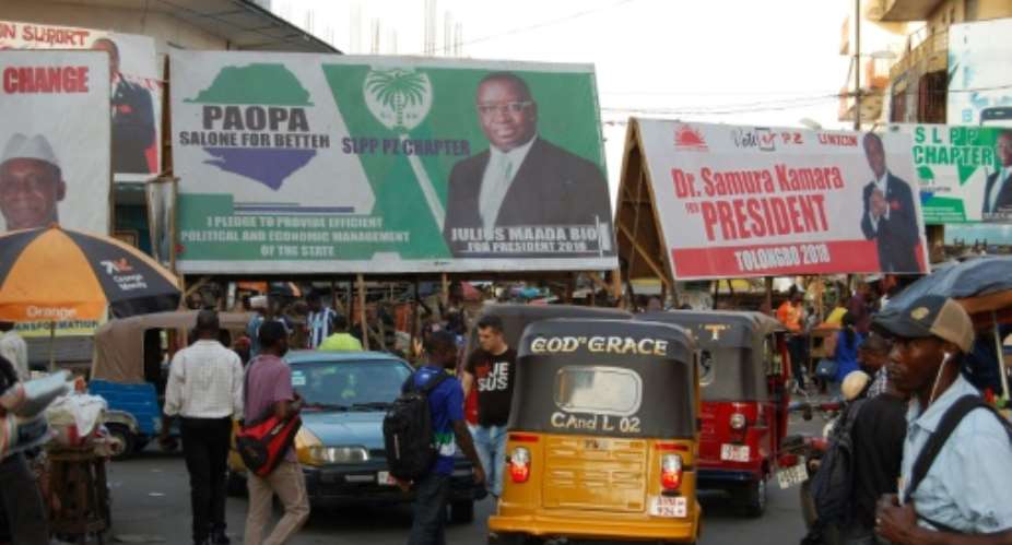 Opposition candidate Julius Maada Bio beat rival Samura Kamara of the ruling party by a narrow margin on March 7.  By Saidu BAH AFPFile