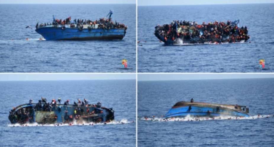 This combination of handout pictures released on May 25, 2016 by the Italian Navy Marina Militare shows the shipwreck of an overcrowded boat of migrants off the Libyan coast.  By  MARINA MILITAREAFP