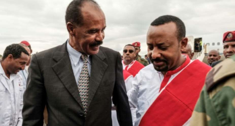 Peacemakers: Abiy Ahmed, right, and Eritrean President Isaias Afwerki in November 2018.  By EDUARDO SOTERAS AFPFile