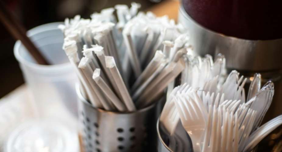 Plastic straws wrapped in paper are seen at a food hall in Washington on June 20, 2019, days before a ban on such straws is to take effect.  By Eric BARADAT AFPFile