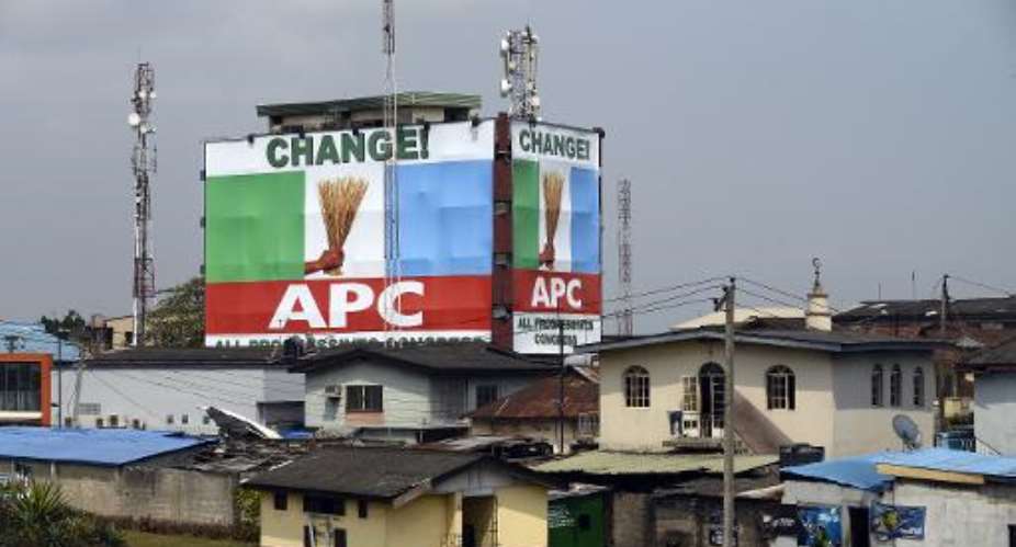A campaign poster for the All Progressives Congress APC in Lagos on February 5, 2015.  By Pius Utomi Ekpei AFPFile