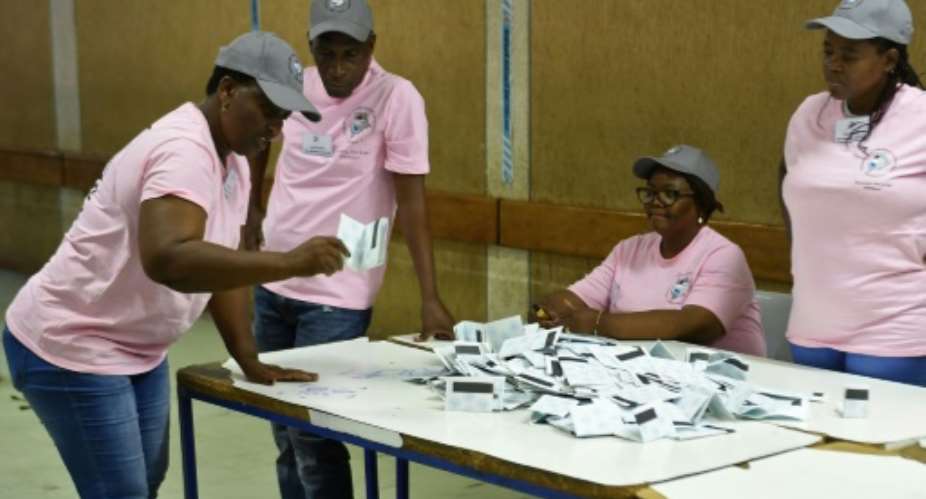 Polling officers verify ballots at a counting centre in the Ledumang Senior Secondary school for the Gaborone North constituency, in Gaborone on October 23, 2019.  By Monirul Bhuiyan AFPFile