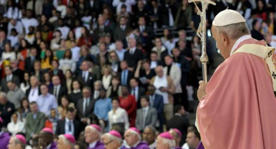 Pope Francis celebrates mass in the Moroccan capital Rabat.  By Handout VATICAN MEDIAAFP