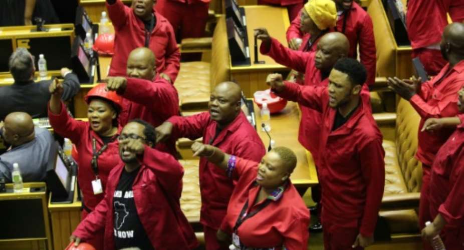 President Cyril Ramaphosa was forced to delay his annual State of the Union address after MPs of the far-left Economic Freedom Fighters staged a rowdy protest, demanding De Klerk be ejected from parliament.  By SUMAYA HISHAM POOLAFPFile