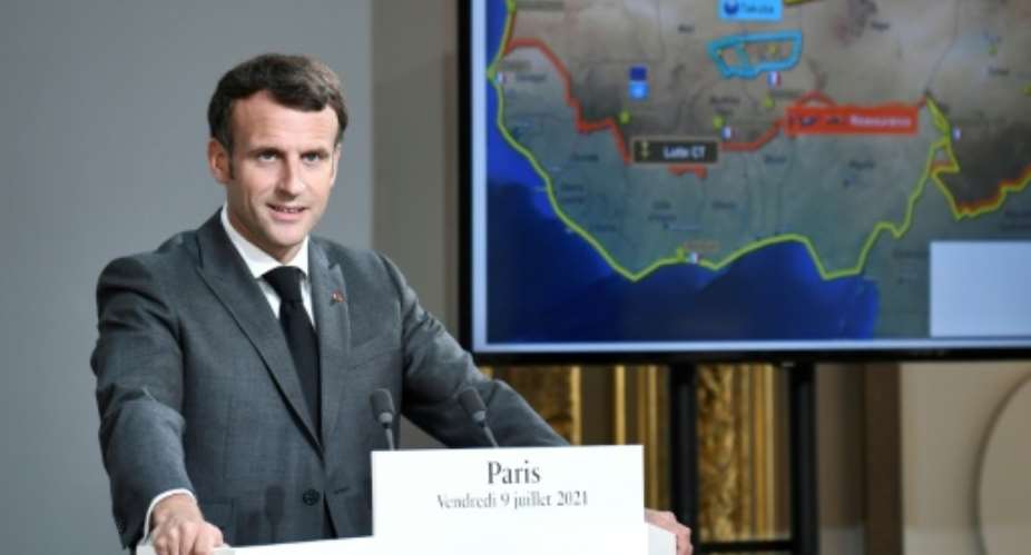 President Emmanuel Macron lays out Frances military strategy in the Sahel at a press conference with Nigers President Mohamed Bazoum in Paris on Friday..  By STEPHANE DE SAKUTIN (POOL/AFP)