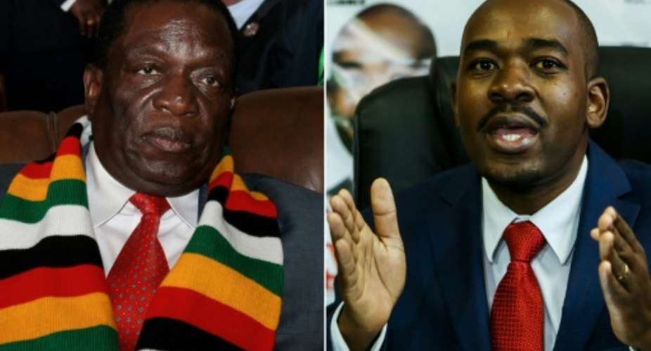 President Emmerson Mnangagwa, left, was credited with a slight overall majority in the first round of voting -- enough to avoid a runoff ballot. Opposition Nelson Chamisa, right, says the result was rigged.  By Ahmed OULD MOHAMED OULD ELHADJ, Jekesai NJIKIZANA AFPFile
