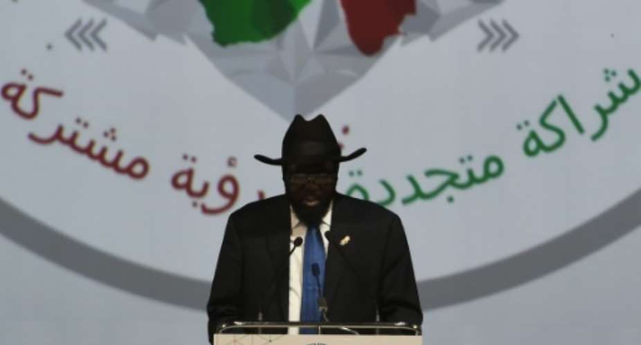 South Sudan's President Salva Kiir Mayardit addresses delegates during The India-Africa Summit in New Delhi on October 29, 2015.  By Money Sharma AFPFile