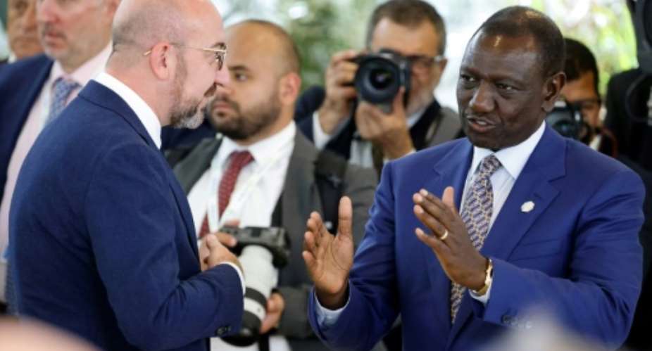 President of the European Council Charles Michel (L) speaks with Kenyan President William Ruto at the G7 summit in Italy.  By Ludovic MARIN (AFP)