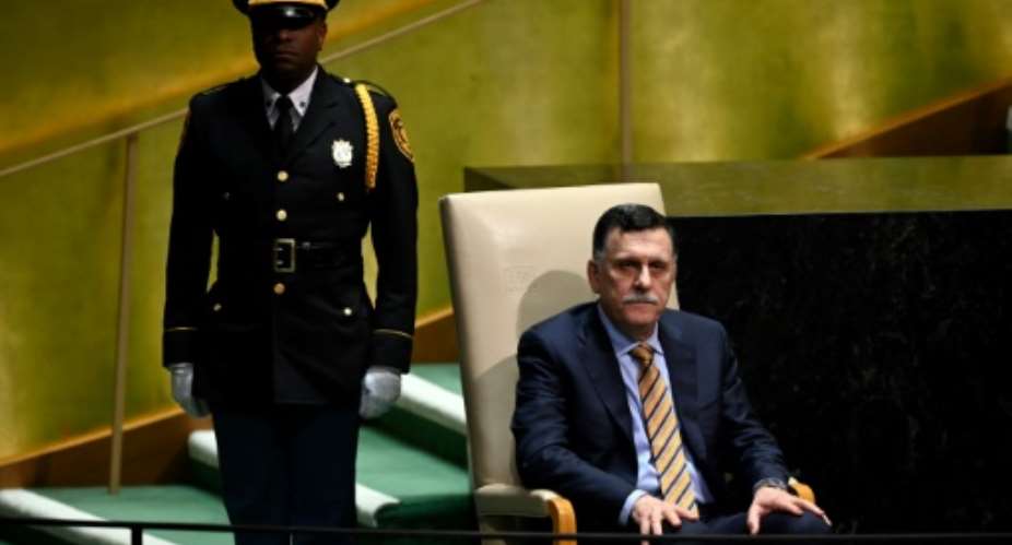 Prime Minister Fayez al-Sarraj waits to speak at the General Assembly on September 25 in New York.  By Johannes EISELE AFP