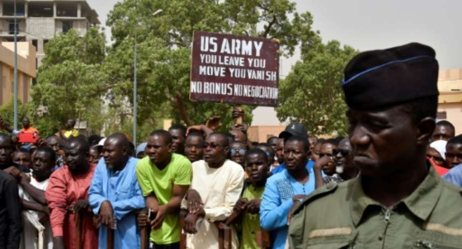 Protesters urge US troops to leave Niger during a demonstration in Niamey on April 13, 2024.  By - AFPFile