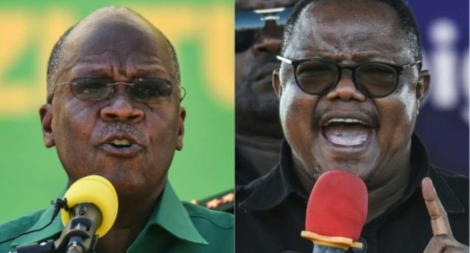 Re-elected president John Magufuli, left, and opposition leader Tundu Lissu, who was shot 16 times in a 2017 attack.  By ERICKY BONIPHACE AFPFile