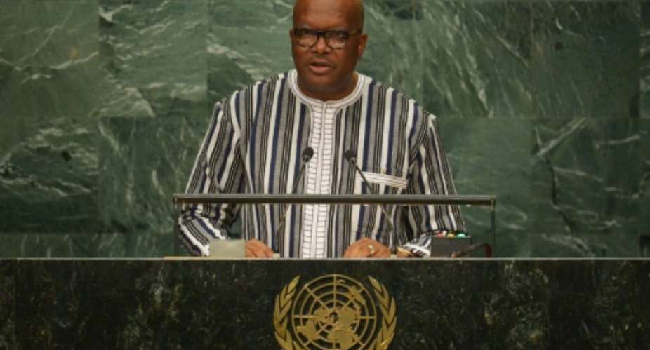 Roch Marc Christian Kabore, President of Burkina Faso, addresses the 71st session of the United Nations General Assembly at the UN headquarters in New York on September 22, 2016.  By Dominick Reuter AFP
