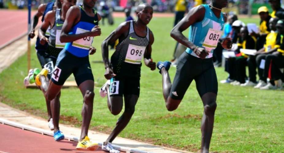 Kenyan athlete David Rudisha R sprints to win the men's 800m race on June 30, 2016, during Olympic trials at the Kipchoge stadium in Eldoret.  By Simon Maina AFP