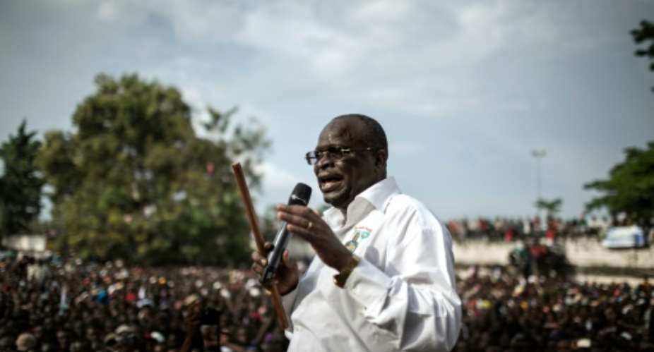 Interim President of the Congolese Movement for Democracy and Integral Development MCDDI and Presidential candidate Guy Brice Parfait Kolelas addressing his supporters in Brazzaville on March 17, 2016.  By Marco Longari AFPFile