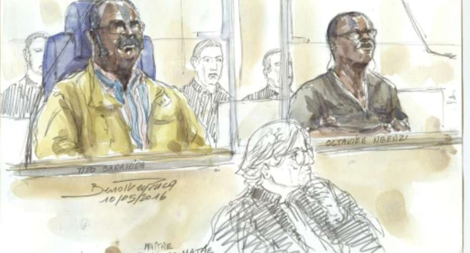 Tito Barahira back, L and Octavien Ngenzi back, R, two former Rwandan mayors accused of orchestrating massive and systematic summary executions, stand trial at the Paris courthouse.  By Benoit Peyrucq AFPFile