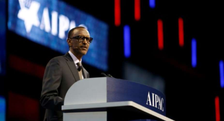 Rwandan president Paul Kagame speaks during the American Israel Public Affairs Committee policy conference in Washington.  By Andrew Biraj AFP
