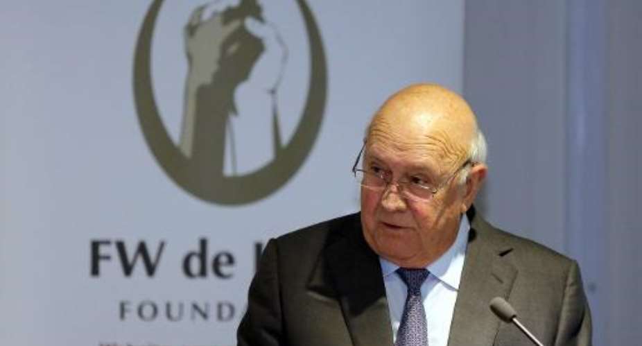 Former South African president FW de Klerk delivers a speech to mark 20 years of democracy, on January 31, 2014 in Cape Town.  By Jennifer Bruce AFPFile