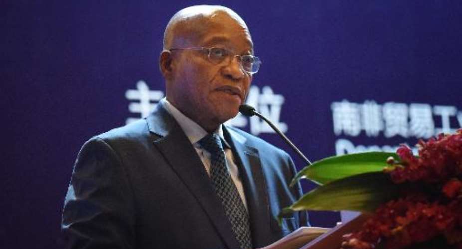 South African President Jacob Zuma delivers a speech during the South Africa - China business forum in Beijing on December 5, 2014.  By Wang Zhao AFPFile