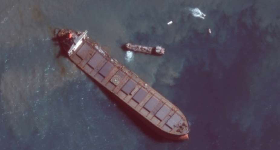 Satellite image showed the stricken tanker off the southeastern coast of Mauritius picture courtesy of Maxar Technologies.  By Handout Satellite image 2020 Maxar TechnologiesAFP