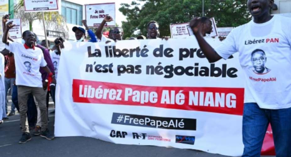 Senegalese journalists held a protest in Dakar in November calling for the release of their colleague Pape Ale Niang.  By SEYLLOU (AFP/File)