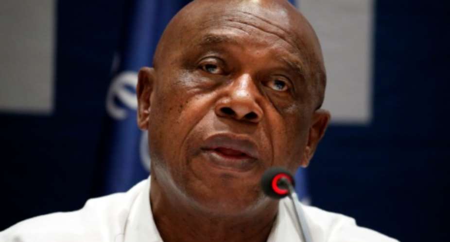 Tokyo Sexwale speaks during a press conference with the heads of the Palestinian and Israeli Football federations in the West Bank city of Jericho on December 16, 2015.  By Thomas Coex AFPFile