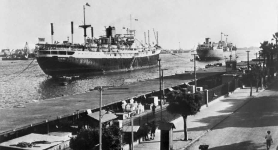 Ships on the Suez Canal in 1956, the year Egypt nationalised the waterway and sparked a major crisis with Britain, France and Israel.  By STR FILES INTERCONTINENTALEAFP