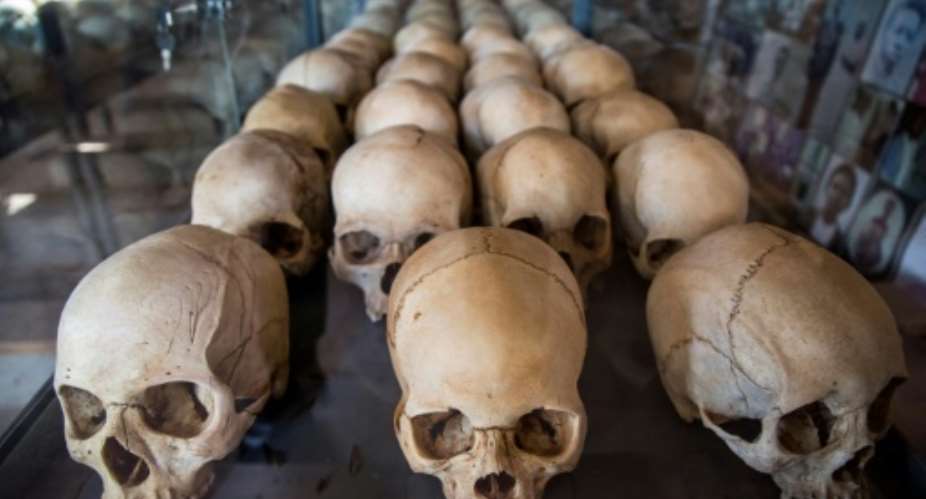 Skulls of victims at the genocide memorial in Kigali. More than 800,000 people were slaughtered.  By Jacques NKINZINGABO AFP