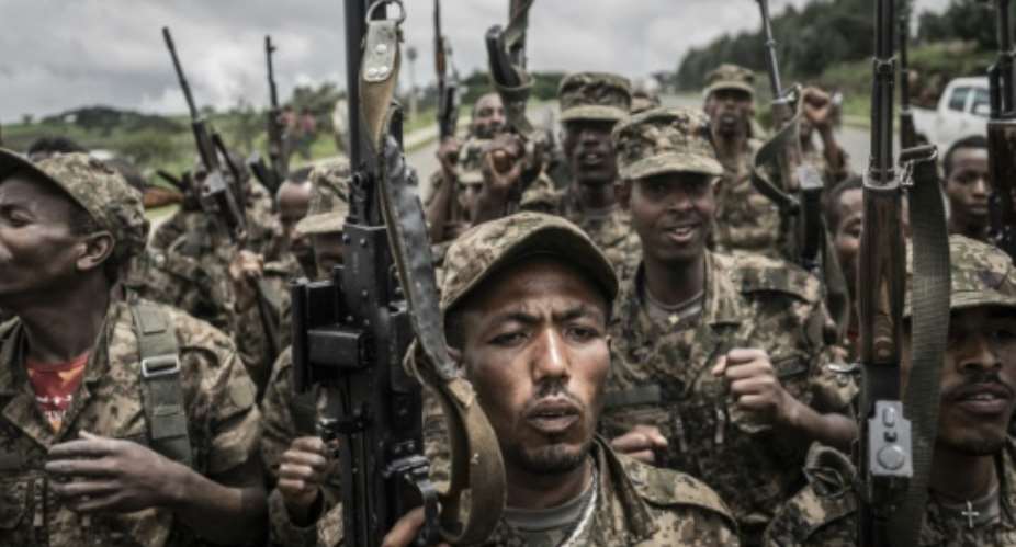 Soldiers from the Ethiopian National Defence Forces pictured during training in Amhara on September 14, 2021.  By Amanuel Sileshi AFPFile