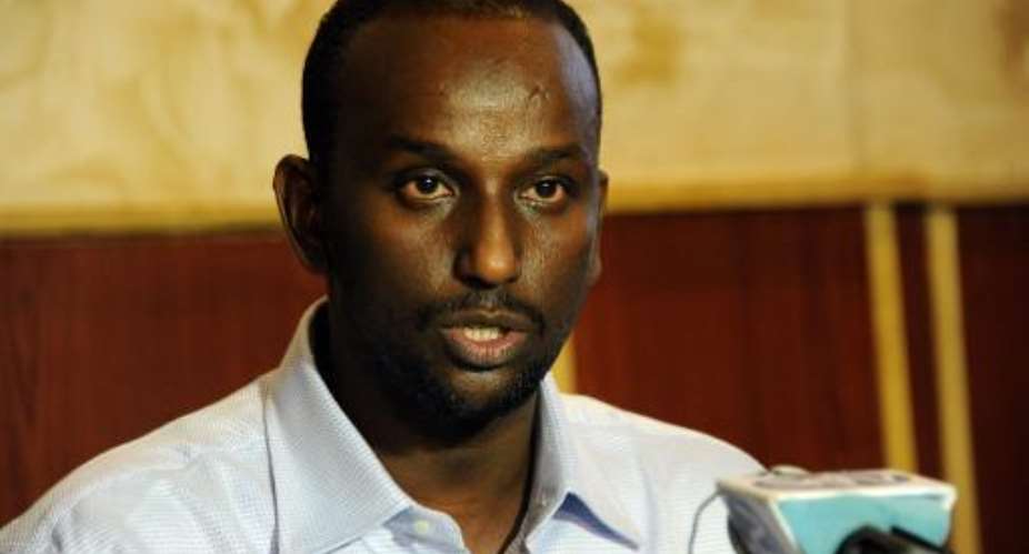 Zakariya Ismail Ahmed Hersi, a former Shebab intelligence chief, speaks to journalists in Mogadishu on January 27, 2015 for the first time since his surrender last month.  By Mohamed Abdiwahab AFP