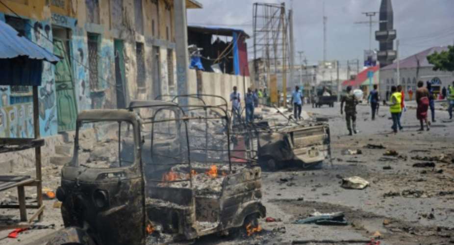 Somali tech entrepreneurs aim to send a message of hope and progress at a summit in battle-scarred Mogadishu, seen here after a bomb attack in July.  By Mohamed ABDIWAHAB AFP