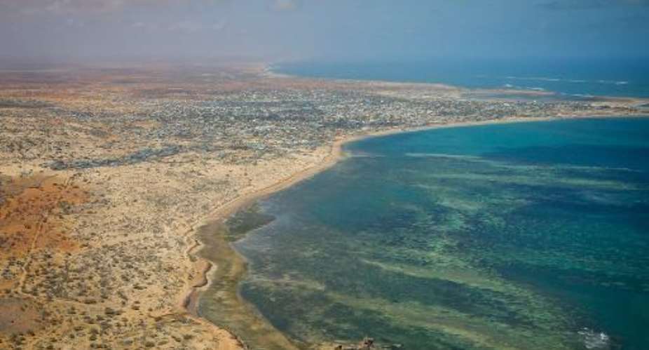 A photograph released by the African Union-United Nations Information Support Team shows an aerial view of the Indian Ocean off the southern Somali port city of Kismayo on Ocotber 4, 2012.  By Stuart Price AU-UN ISTAFPFile
