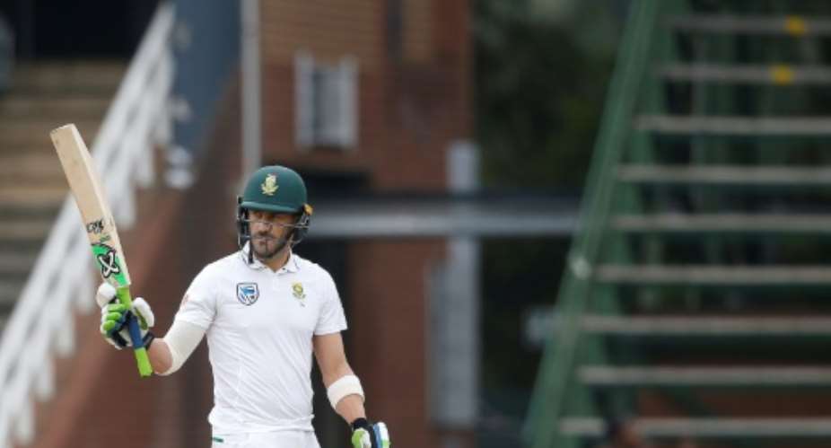 South Africa captain Faf du Plessis pictured hit 120 and Dean Elgar made 81 as they put on a fourth wicket partnership of 170.  By Gianluigi GUERCIA AFP