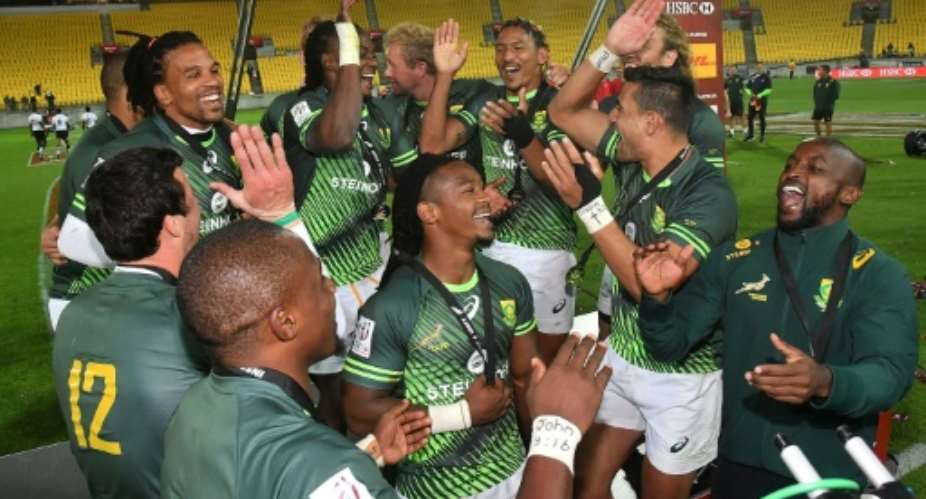 South Africa celebrate winning the Cup final against Fiji on day two of the IRB Rugby Sevens at Westpac Stadium in Wellington on January 29, 2017.  By Marty MELVILLE (AFP/File)