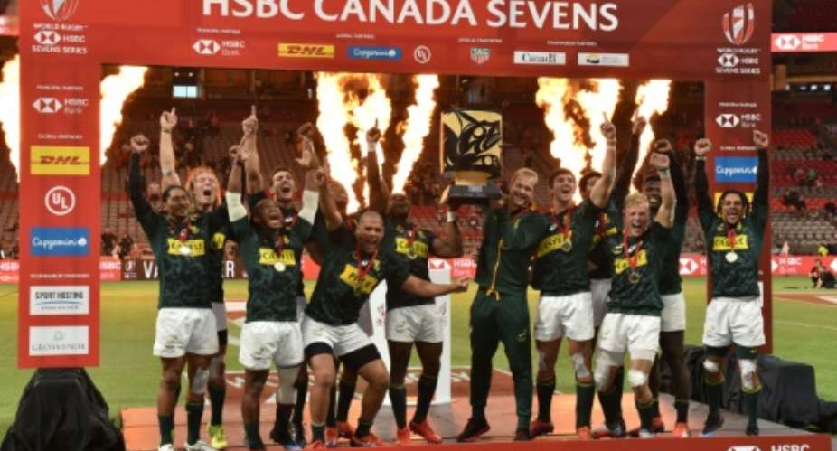 South Africa celebrate winning the sevens crown in Vancouver.  By Don MacKinnon AFP