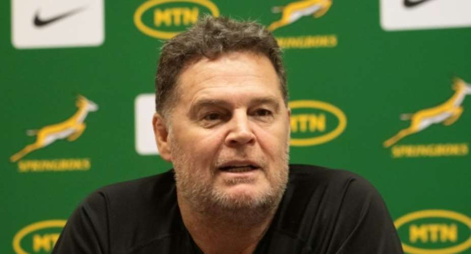 South Africa head coach Rassie Erasmus addresses a Springbok rugby press conference in Cape Town on March 12, 2024.  By RODGER BOSCH AFP
