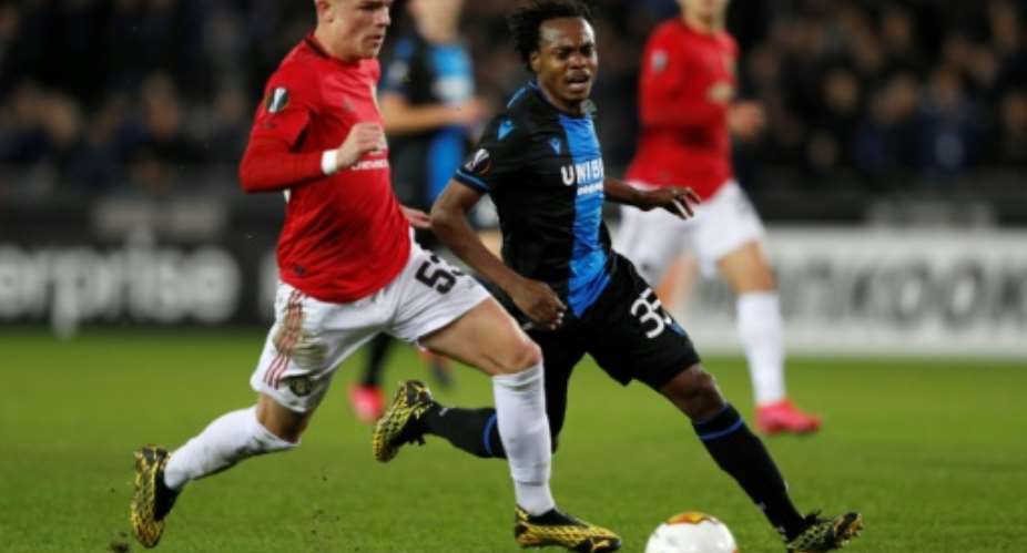 South Africa star Percy Tau C playing for Bruges against Manchester United this year in the Champions League.  By Adrian DENNIS AFP