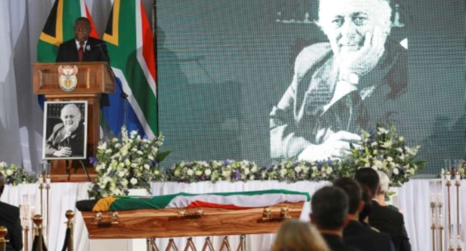 South African President Cyril Ramaphosa pays tribute to anti-apartheid lawyer George Bizos at his funeral.  By KIM LUDBROOK POOLAFP