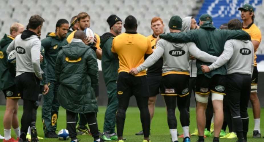 South African Springboks gather for a training session at the Stade de France in Saint-Denis, France, on November 17, 2017.  By PHILIPPE LOPEZ AFPFile