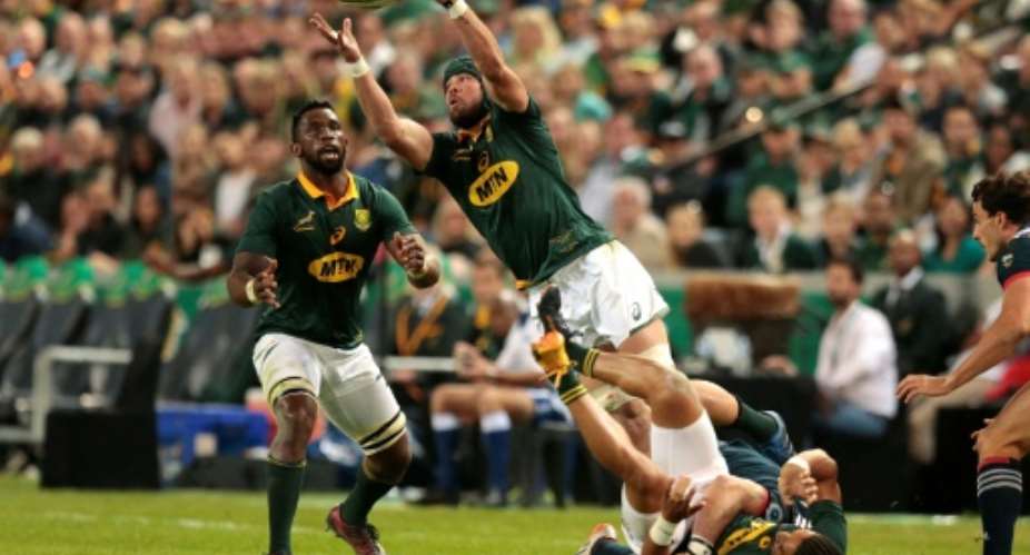 South Africa's captain Warren Whiteley intercepts a pass during their Test match against France, at the Kingspark rugby stadium in Durban, on June 17, 2017.  By GIANLUIGI GUERCIA AFPFile