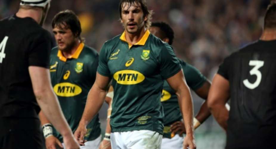 South Africa's Eben Etzebeth walks to the line out during the Rugby Championship match between New Zealand and South Africa at Albany Stadium in Auckland on September 16, 2017.  By MICHAEL BRADLEY AFPFile
