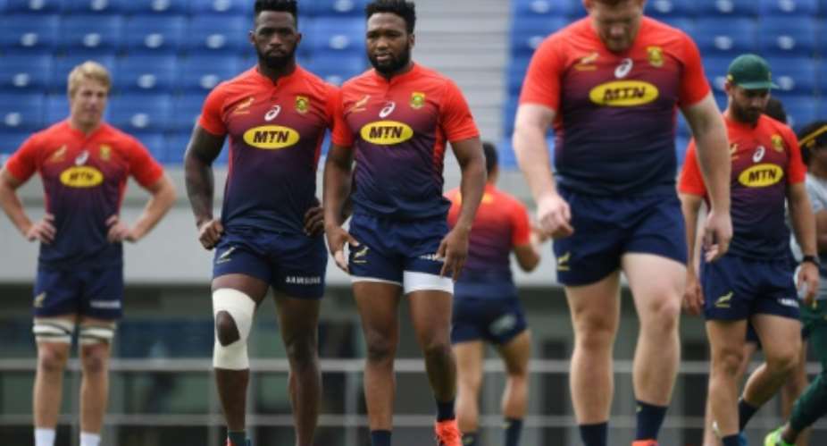 South Africa's Pieter-Steph du Toit L, captain Siya Kolisi 2nd L, Lukhanyo Am C, Steven Kitshoff 2nd R and Willie Le Roux R take part in a training session a day before their friendly rugby match against Japan, at the Kumagaya Rugby Stadium in Kumagaya on September 5, 2019..  By CHARLY TRIBALLEAU AFP