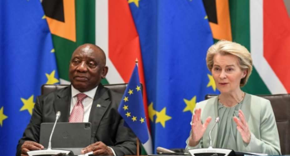 South Africas President Cyril Ramaphosa and President of the European Commission Ursula von der Leyen.  By Rodger Bosch (AFP)