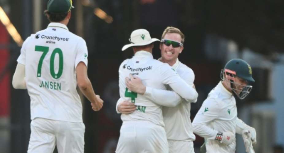 South Africas Simon Harmer (2R) bowled KL Rahul with a sharp, spinning delivery late on day four.  By Biju BORO (AFP)