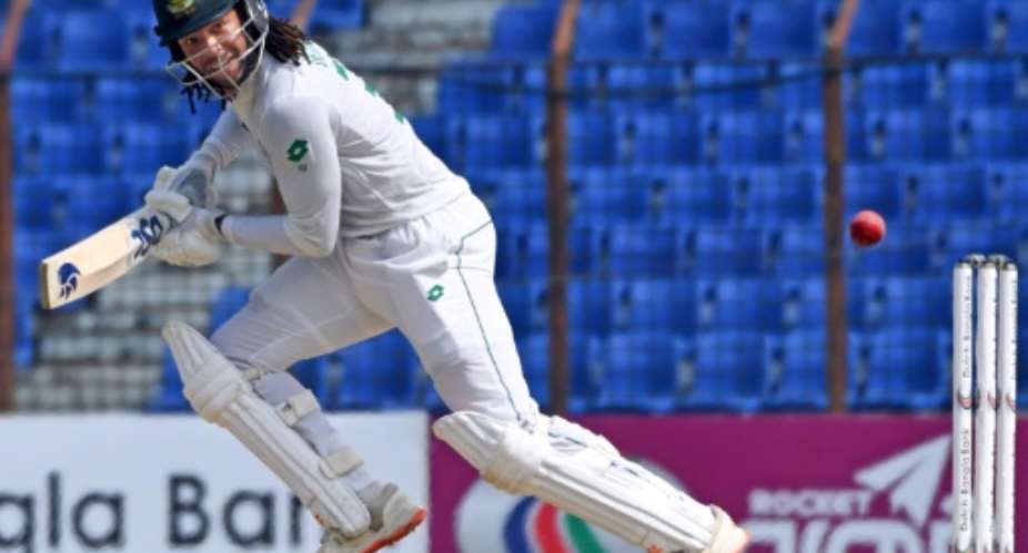 South Africas Tony De Zorzi plays a shot on his way to 177 against Bangladesh.  By TANVIN TAMIM (AFP)