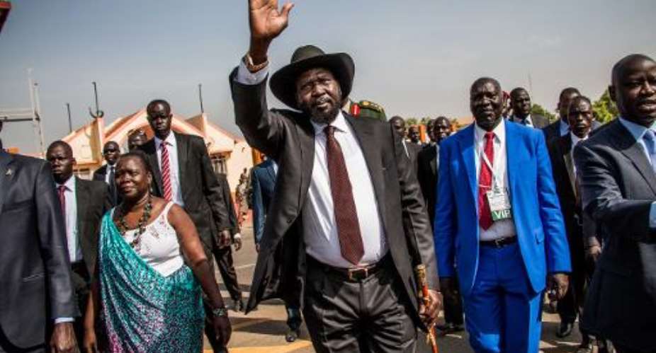 South Sudan President Salva Kiir arrives for a political rally in Juba, on March 18, 2015.  By Ashley Hamer AFPFile