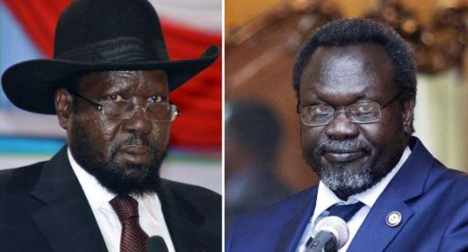 Photo combination made on February 1, 2014, shows South Sudan President Salva Kiir L in Juba, and leader of South Sudan's largest rebel group and former vice-president Riek Machar in Addis Ababa.  By Samir Bol, Zacharias Abubeker AFPFile