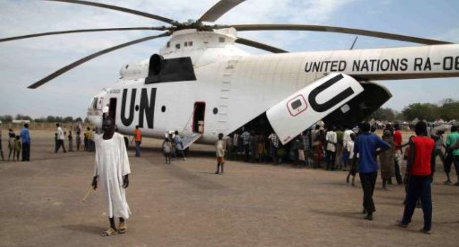 A UN helicopter is pictured in Pibor, South Sudan, on January 12, 2012.  By Hannah Mcneish AFPFile