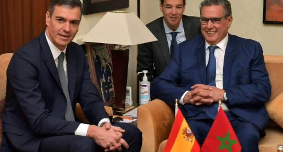 Spain's Pedro Sanchez, left, met his Moroccan counterpart Aziz Akhannouch in Rabat for the first high-level meeting since 2015.  By - (AFP)
