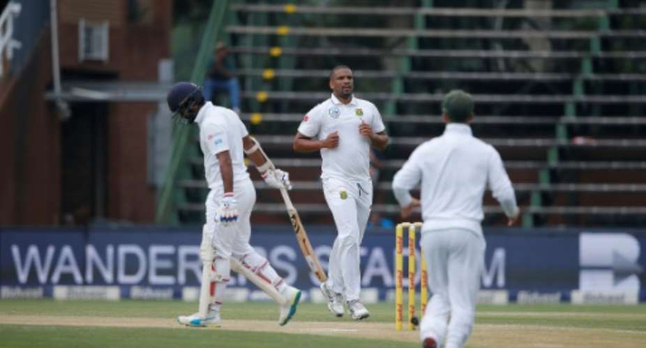 Sri Lanka batsman Dimuth Karunaratne leaves after having been caught out by South Africa Quinton de Kock on January 13, 2017.  By Marco Longari AFP